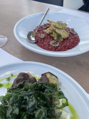Beetroot risotto with "chicken"  at 5SENSES Restaurant in Santorini