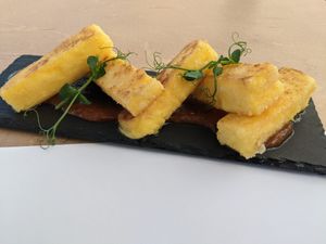 Vegan saganaki (fried cheese) at 5SENSES Restaurant in Santorini