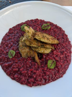 Risotto from the roots with seasoned "chicken" on top at 5SENSES Restaurant in Santorini