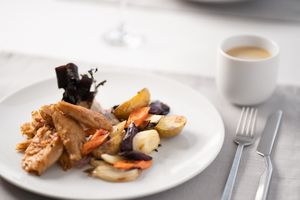 "Chicky" stripes with white-wine sauce!! at 5SENSES Restaurant in Santorini