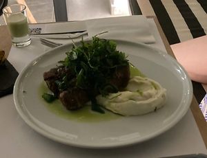 Purple roll (eggplant w/ onions, tomatoes, white cheese sauce, and caramelized onion cream) at 5SENSES Restaurant in Santorini