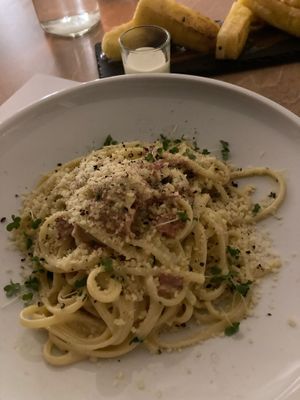 Linguini carbonara at 5SENSES Restaurant in Santorini