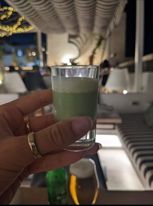 Welcoming cucumber soup shot at 5SENSES Restaurant in Santorini