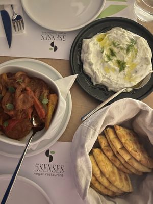 Tzatziki, pita and spetzofai at 5SENSES Restaurant in Santorini