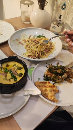 my friend and I went halves with the two mains - carbonara and moussaka! plus fava as a side at 5SENSES Restaurant in Santorini