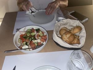 greek salad and bread (cost extra for bread)  at 5SENSES Restaurant in Santorini