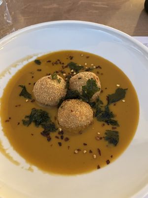 Arancini. I liked the sauce but it didn’t wow me, the rice balls themselves were chewy and bland.   at 5SENSES Restaurant in Santorini