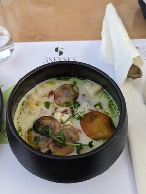 Potato soup. Best thing ever   at 5SENSES Restaurant in Santorini