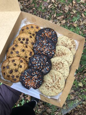 Pumpkin chocolate chip, black cocoa and chai snickerdoodle cookies   at The Little Brownie in Rochester