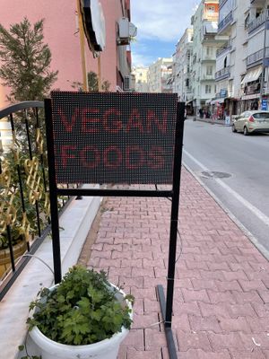 Changing sign outside says vegan foods at Fatma Sultan in Antalya
