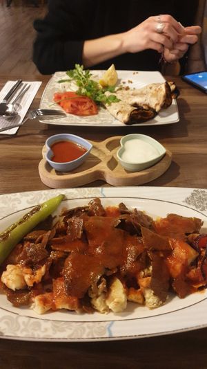 Vegan İskender kebap and vegan lahmacun at Fatma Sultan in Antalya