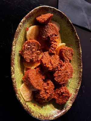 Vegan chorizo with potatoes at Faroles Taberna Rock in Valladolid