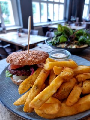Vegan burger w vegan mayo and fries at Posthuset in Esbjerg