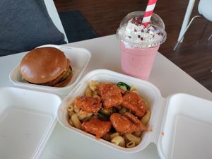 Nashville chikin burger, red velvet shake, buffalo chicken mac n cheese at Project Pollo - Anderson Lane in Austin