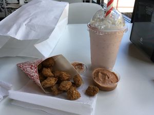 Popcorn chikn, chipotle ranch, and strawberry shake  at Project Pollo - Anderson Lane in Austin