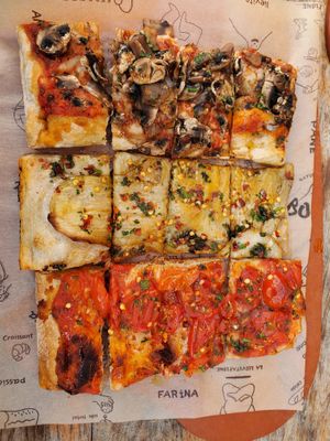 top: lots of mushrooms; middle: spicy eggplant; bottom: arrabiata at Bonci Pizzeria in Chicago