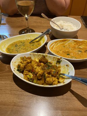 Lentils, tofu palak, aloo Goni at Zaika Indian Cuisine in Colorado Springs