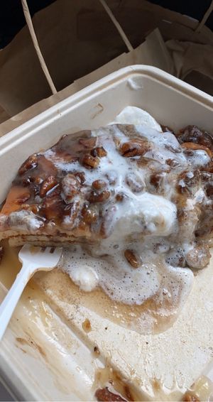 Cinnamon Swirl Pancakes and Candied Pecans topped with whip cream! Incredibly vegan  at Champs Diner in Brooklyn