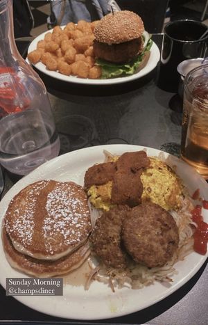 Breakfast slam and vegan chicken sandwich   at Champs Diner in Brooklyn