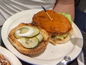 buffalo chickn burger at Champs Diner in Brooklyn