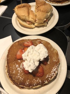 BEC & Strawberry cheesecake pancakes! BEC is a lot of bread compared to bacon, egg & chz but still delicious, strawberry cheesecake pancakes 10/10  at Champs Diner in Brooklyn