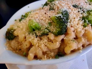 Mac and cheese, which I did not love (the broccoli is an add-on) at Champs Diner in Brooklyn