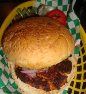 homemade seitan and tempeh burger at Champs Diner in Brooklyn