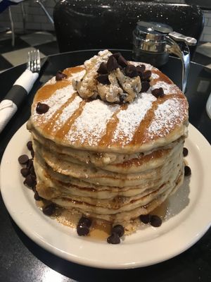 Cookie dough pancakes tall stack at Champs Diner in Brooklyn