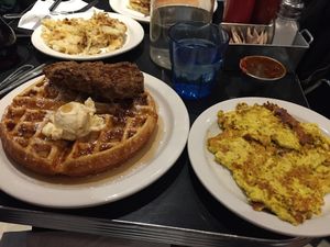 Chicken and waffles and tofu scramble at Champs Diner in Brooklyn