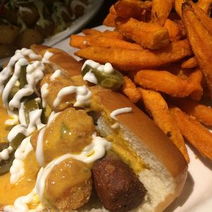  tacho dawg w/ sweet potato fries at Champs Diner in Brooklyn