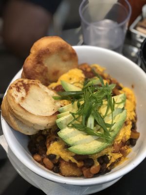 Drunken Cowgirl Breakfast bowl with a biscuit  at Champs Diner in Brooklyn