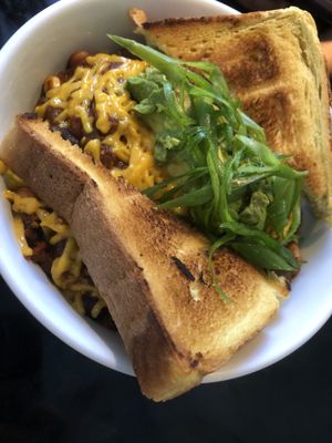 Drunken Cowgirl Breakfast bowl with Texas Toast at Champs Diner in Brooklyn