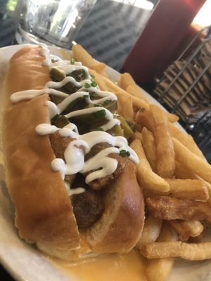 Tacho Dog with Fries at Champs Diner in Brooklyn