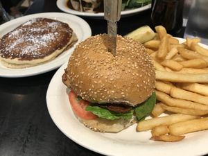 Chick’n steak burger and solo pancake at Champs Diner in Brooklyn