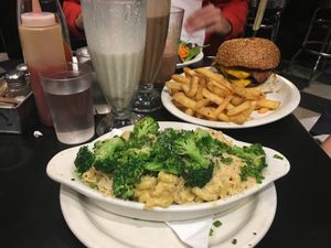 Mac n cheese and the double cheeseburger  at Champs Diner in Brooklyn