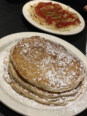 pancakes and hash brown at Champs Diner in Brooklyn