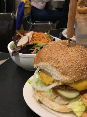 Cheese burger and house salad at Champs Diner in Brooklyn