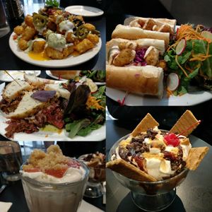 Tater tots nachos, po' boy, Reuben sandwich, strawberry rhubarb shake and s'mores sundae. at Champs Diner in Brooklyn