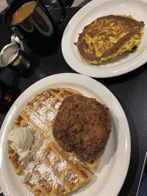 Chicken and waffle, tofu scramble, and coffee with oatmilk  at Champs Diner in Brooklyn