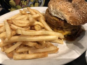 Chilli cheeseburger with fries  at Champs Diner in Brooklyn
