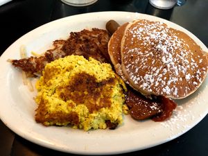 Breakfast platter at Champs Diner in Brooklyn