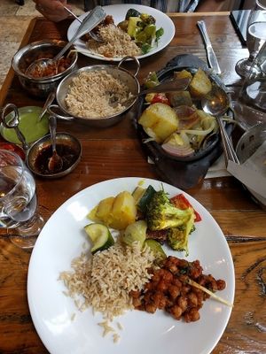 Tandoori vegetables, chana masala, brown basmati rice at Ambrosia India Bistro in Monterey