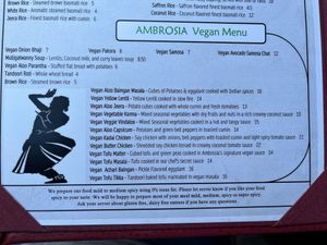 Vegan menu at Ambrosia India Bistro in Monterey