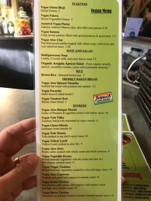 Vegan menu at Ambrosia India Bistro in Monterey