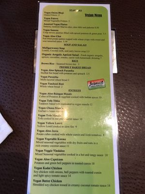 Vegan menu  at Ambrosia India Bistro in Monterey