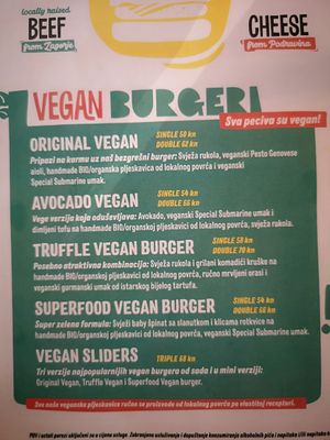 Menu for vegan burgers at Submarine Burgers in Zadar