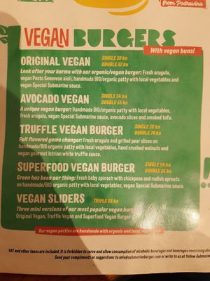 Burger Menu at Submarine Burgers in Zadar