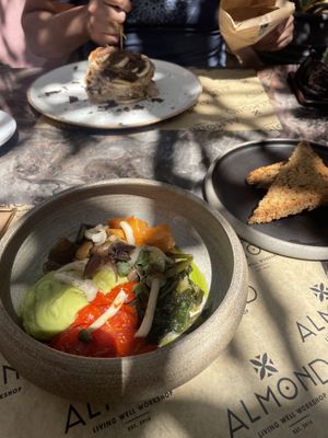 Vegan pancakes with almond butter and chocolate and the vegan pokebowl with sweet potato.  at Almond in Paros