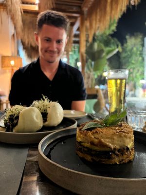 Bao buns & mousaka, highly recommended the bao buns! at Almond in Paros