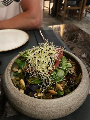 Peru salad, almonds, peas, vegan cheese, potato, all the good stuff! at Almond in Paros